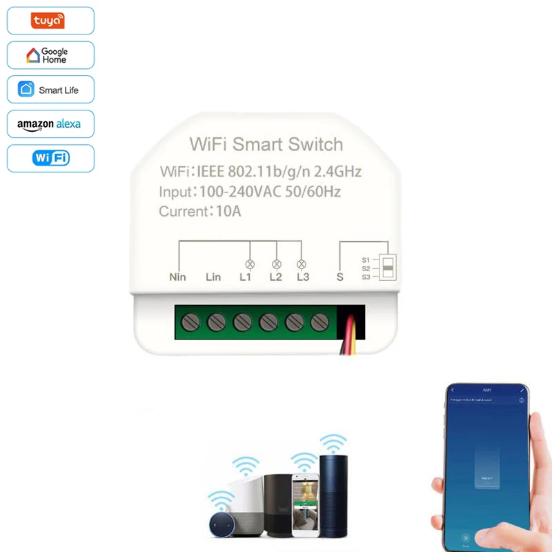 

Умный выключатель Tuya с поддержкой Wi-Fi, 1 канал, 2 клавиши, дистанционное управление через приложение для умного дома, голосовое управление, по...
