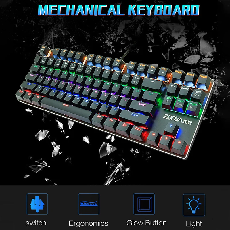 Механическая игровая клавиатура Zuoya X51 87 клавиш зеленая и красная оси RGB кабель