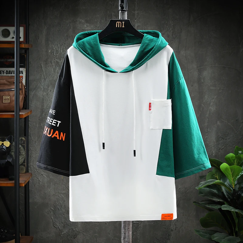 

2021 New Men's Tops Summer Short Sleeve Hooded T Shirt Men High Quality Cotton Hip Hop Streetwear Sports Casual Tshirt Big Size