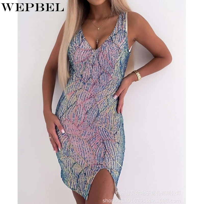 

WEPBEL Dress Women's Sexy Sequined Solid Color Slim Fit Backless Dress Summer Fashion Sleeveless V-neck High Waist Slit Dress