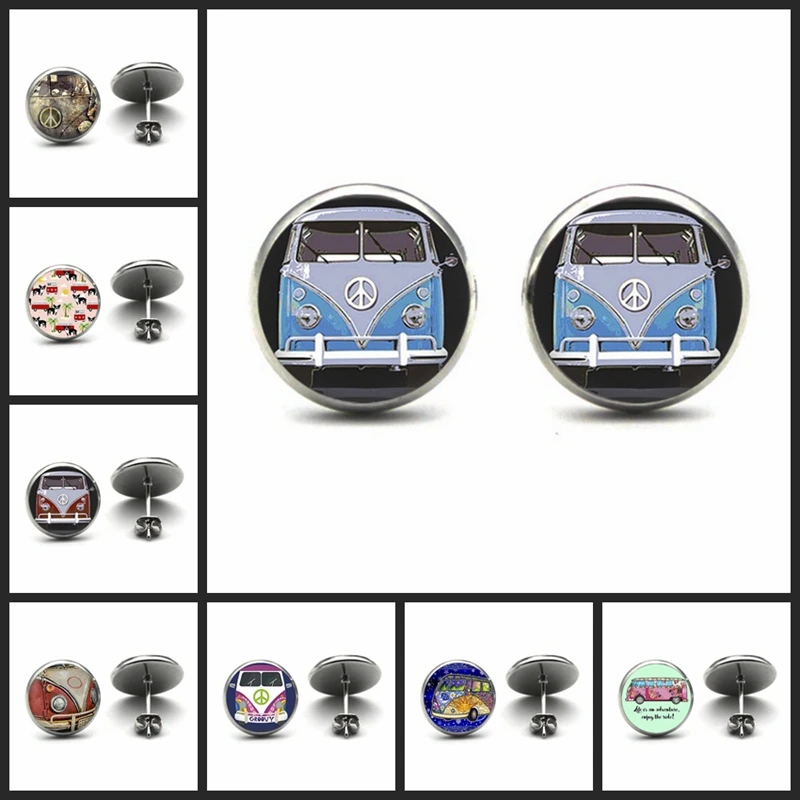 Винтажный Хиппи знак мира фургон автобус серьги-гвоздики Модные мужские женские