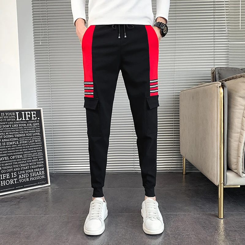 

Men's Spliced Pencil Pants 2021 Spring Contrast Cargo Pant Fashion Casual Hip Hop Streetwear Slim Fit Vintage Male Clothing