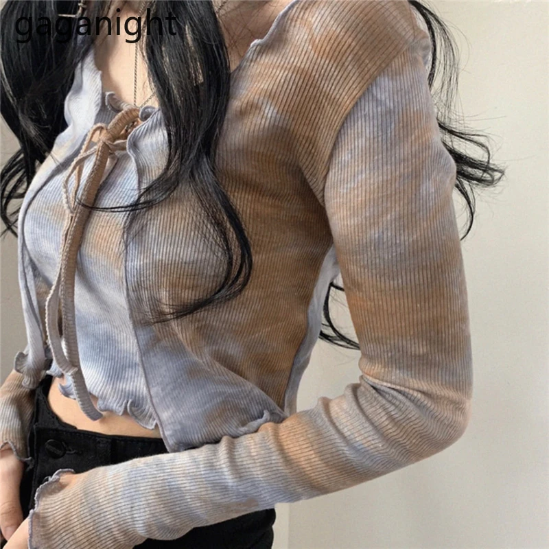 Gaganight Women Two Pieces Set Tie Dye Short Sexy Knitted Stretchy Lady Strapless Tube Tops Cardigan Spring Autumn Chic Korean | Женская