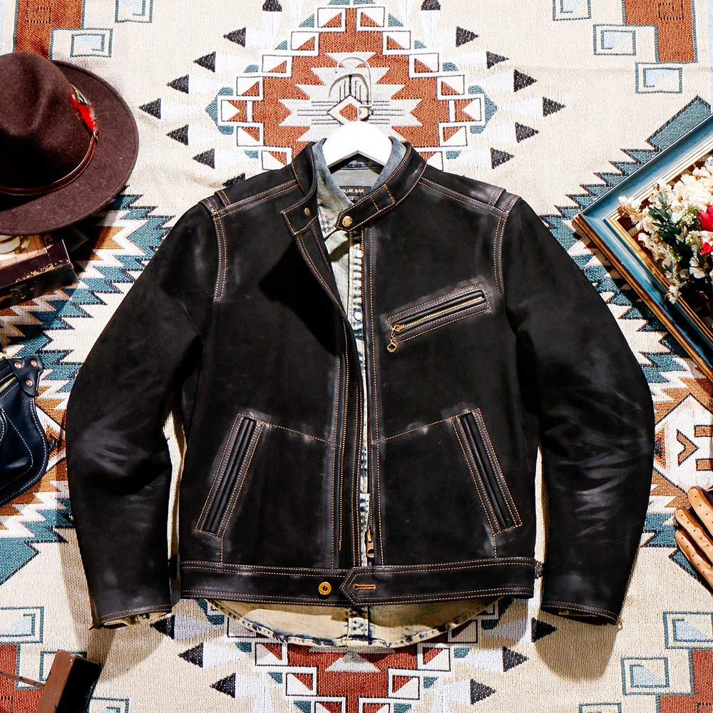 

Free shipping.Brand Cool black rider genuine leather jacket.Argentina natural 1.1mm cowhide coat.men vintage leather cloth