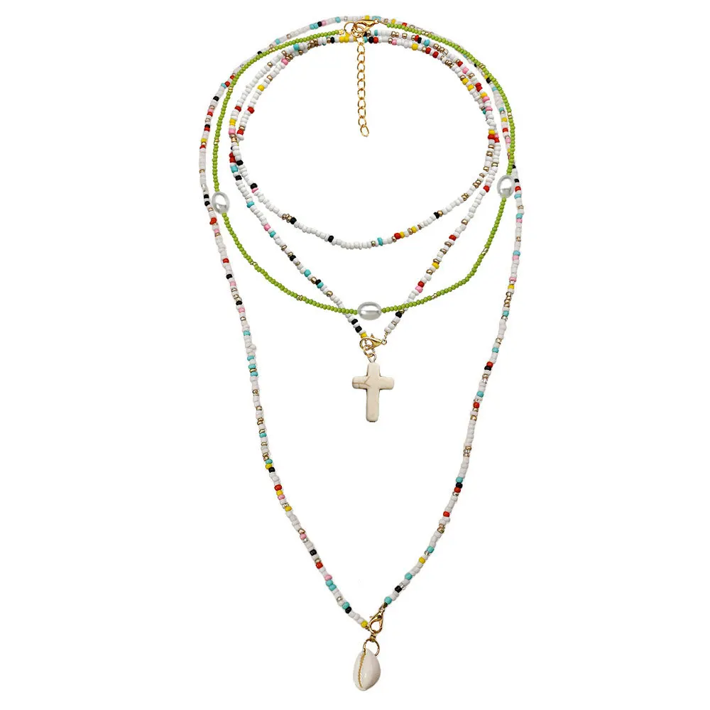 

Fashionable Popular Cross Shells Pendant Double Layer Colorful Plastic Beads Long Chain Necklace for Women
