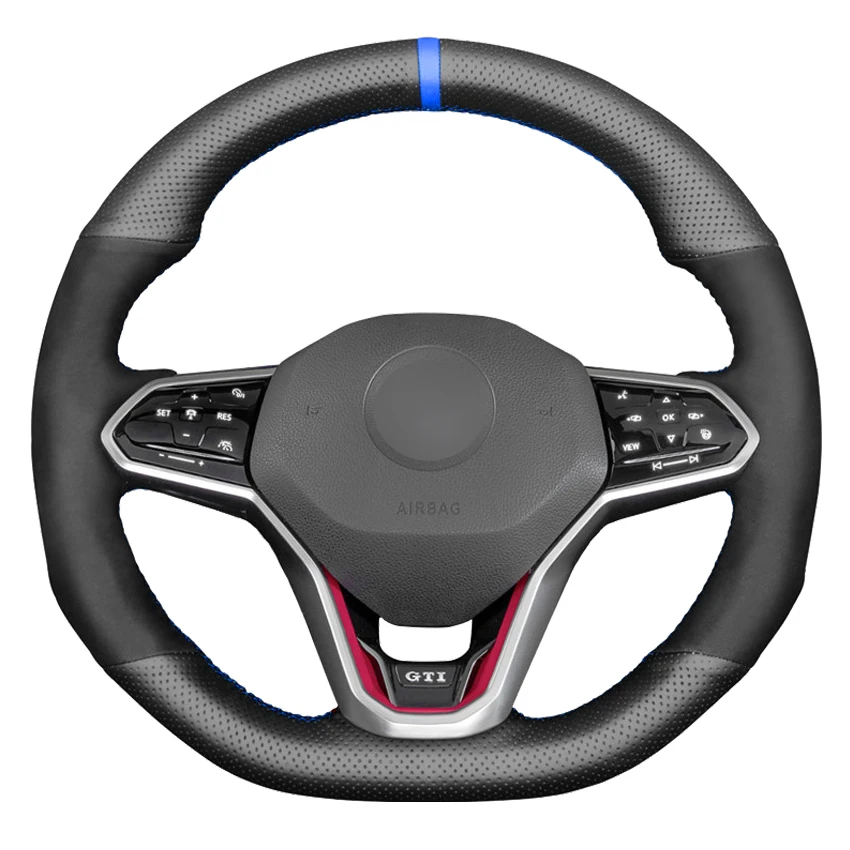 

Black Genuine Leather Suede Hand-stitched Car Steering Wheel Cover For Volkswagen VW Golf 8 MK8 GTI Golf GTE 2020-2021