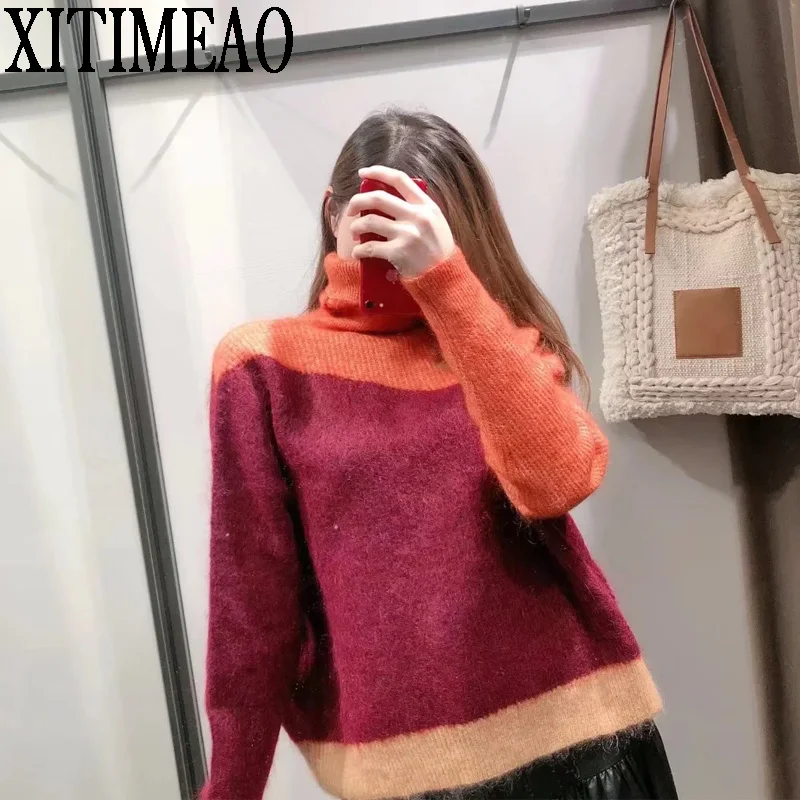 

Xitimeao Women 2022 Fashion Thick Warm Contrast Loose Knit Sweater Vintage High Neck Long Sleeve Female Pullovers Chic Tops