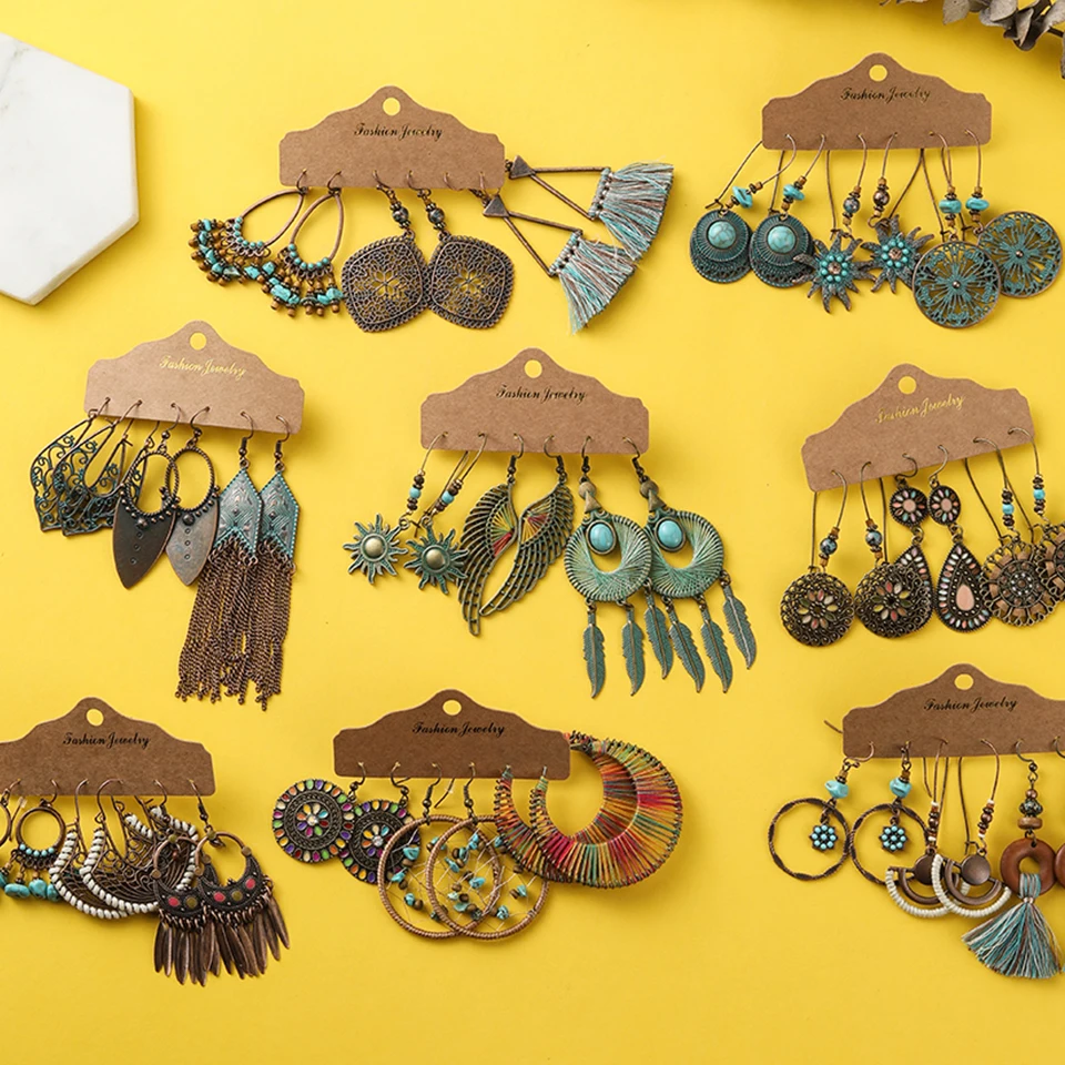 

Bohemia Long Hanging Danging Earrings Sets Big Round Circle Leaf Geometric Drop Earrings Sets for Women Metal Tassel Earring Set
