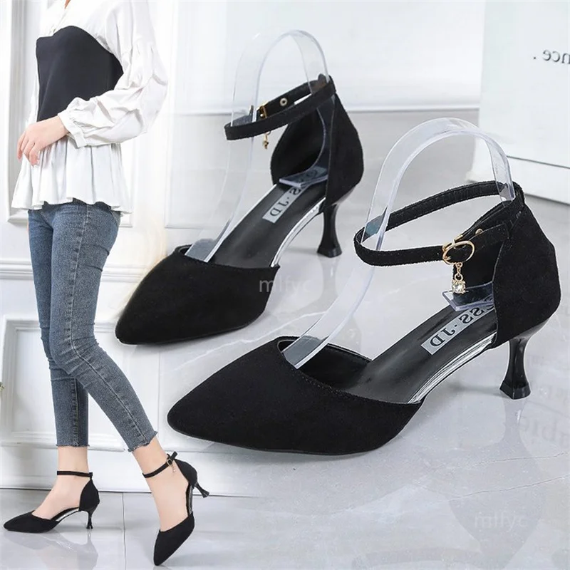

2021 summer new Korean style pointed toe stiletto hollow fashion single shoes female buckle high heel sandals shoes high heels