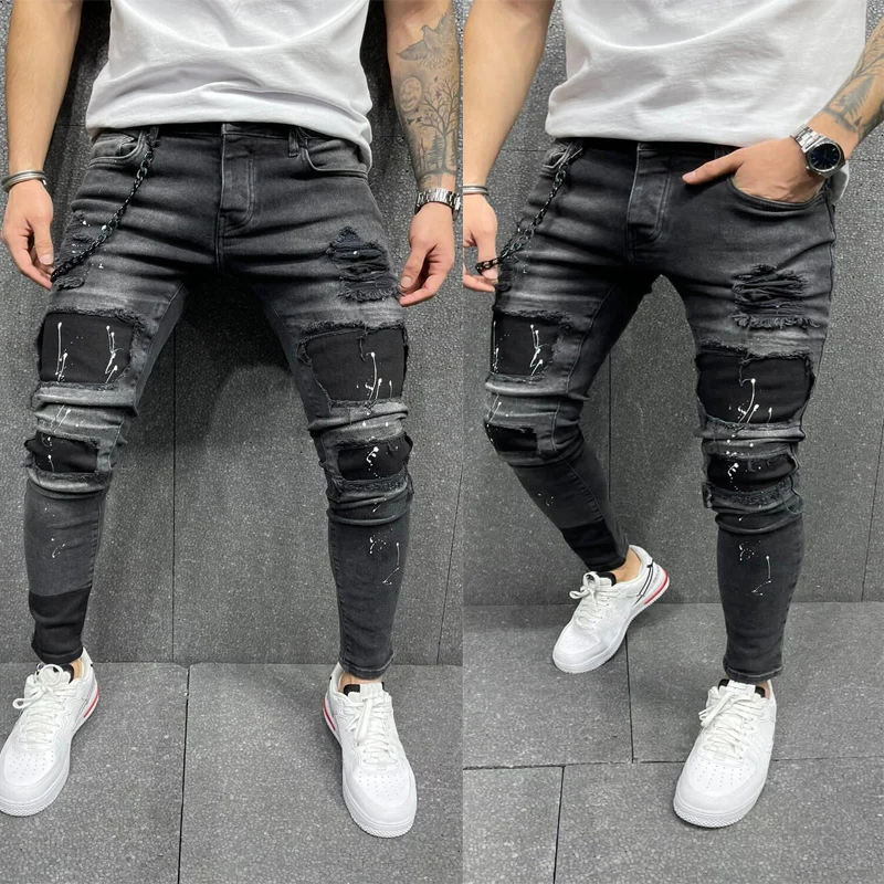 

QNPQYX New Men Ripped Skinny Jeans Black Patchwork Biker Pencil Pants Locomotive Denim Pants Streets Hip Hop Cowboy Trousers