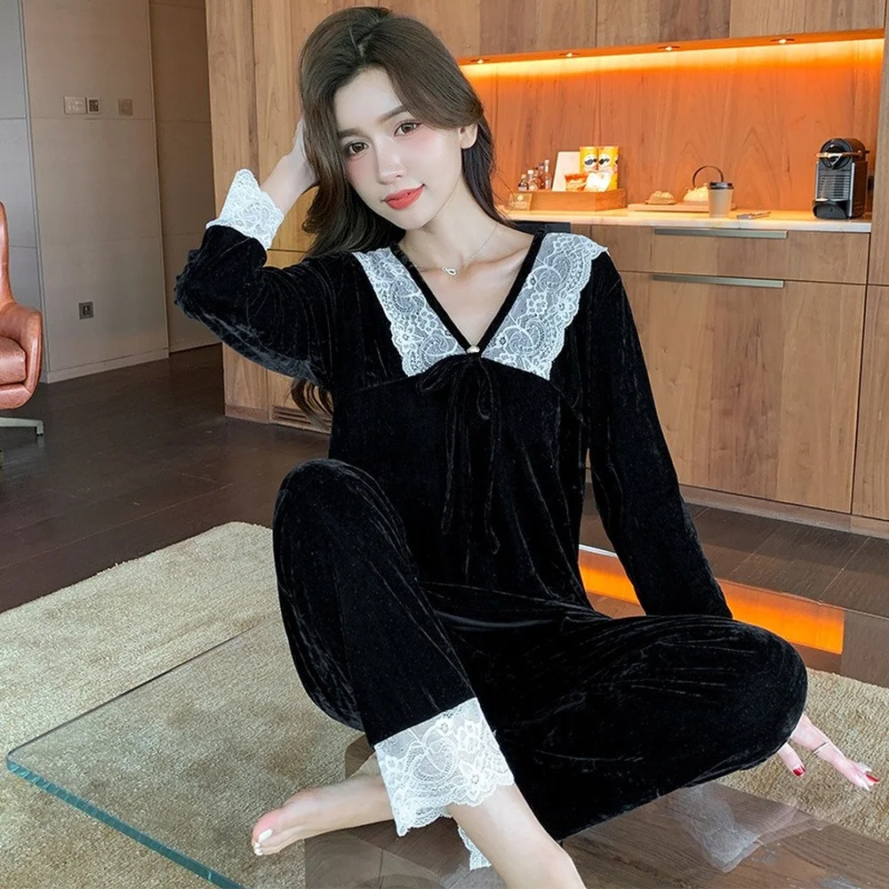 Gold Velvet Pajamas for Women Winter Long-sleeved Trousers Cute Loose Princess Home Service Suit Women's Pajamas Sets Nightwear