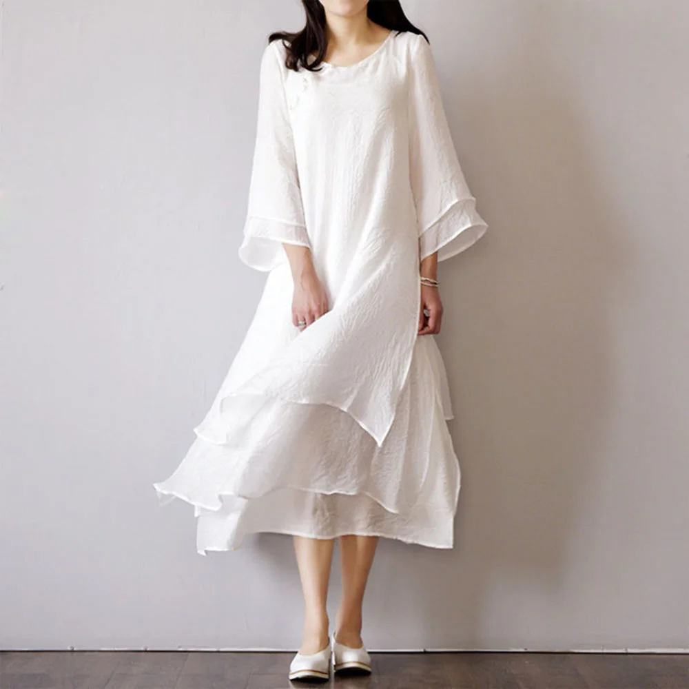 

Women's Dress Fairy Flowing Long Skirt Chinese Style Zen Tea Dress Female Art Retro Double Nine-point Sleeve Summer 2021