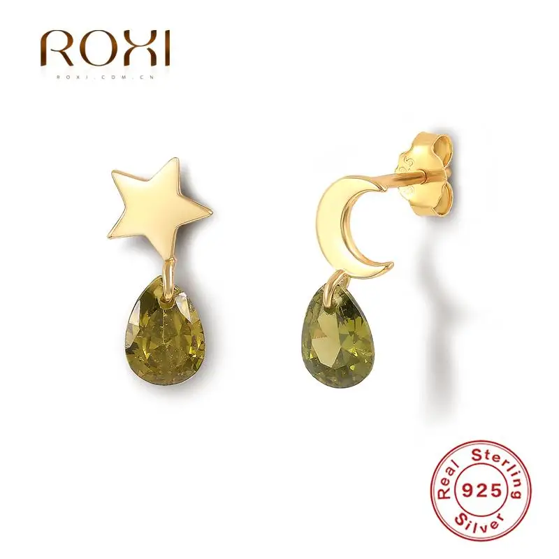 

ROXI Luxury Moon Star Stud Earrings for Women 925 Sterling Silver Green Water Drop Earrings Jewelry Wedding Earing Pendientes