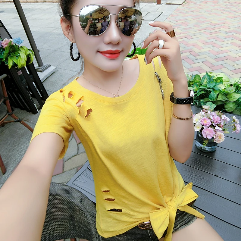 2021 Новая женская летняя обувь полые футболка с бантом Женская отверстиями Топы