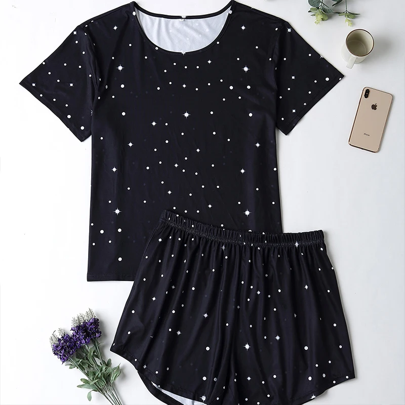 

Женский Пижамный костюм размера плюс, шорты и футболка, черный и белый комплект, женская повседневная одежда для сна из 2 предметов, летняя о...