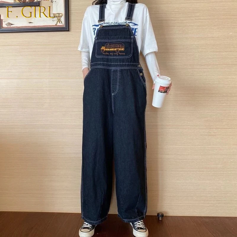 

Jumpsuits Women Cartoon Embroidery Fashion Denim Suspender Harajuku Retro Wide Leg Baggy Cowboy New BF Unisex Cute Chic Student