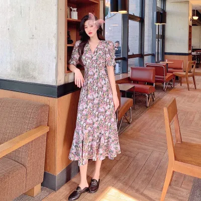 

Summer Franch Retro Flower Long Dress Women Short Sleeve Elegant Floral Beach Dress Fairy Floral Woman Trumpet Dresses