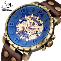 shenhua unique gear design bronze stainless steel case bracelet buckle clasp genuine leather men automatic mechanical watch
