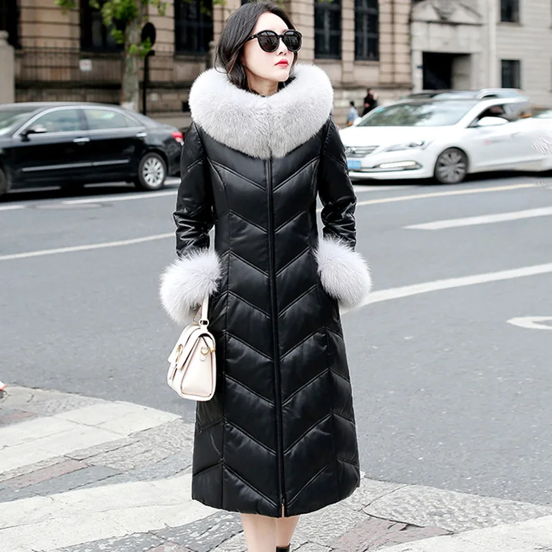 New Women Leather Down Jacket Autumn Winter 2022 Fashion Real Fox Fur Collar And Cuff Thick Warm Hooded Long Sheepskin Down Coat
