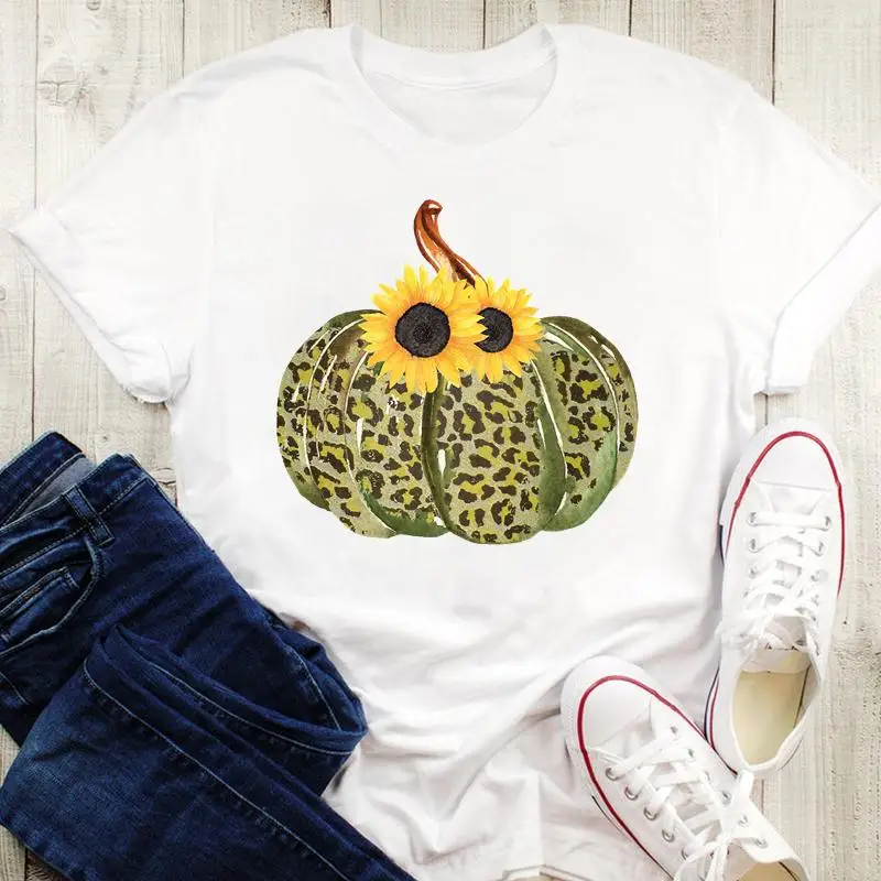 

90s Halloween Print Happy Thanksgiving Women Cartoon Female Flower Pumpkin Fall Autumn T-Shirt Tops Tshirt Graphic Tees