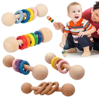 1pc organic wood montessori style baby teether toys wooden rattle grasping chew teething ring safety paint play gym stroller toy