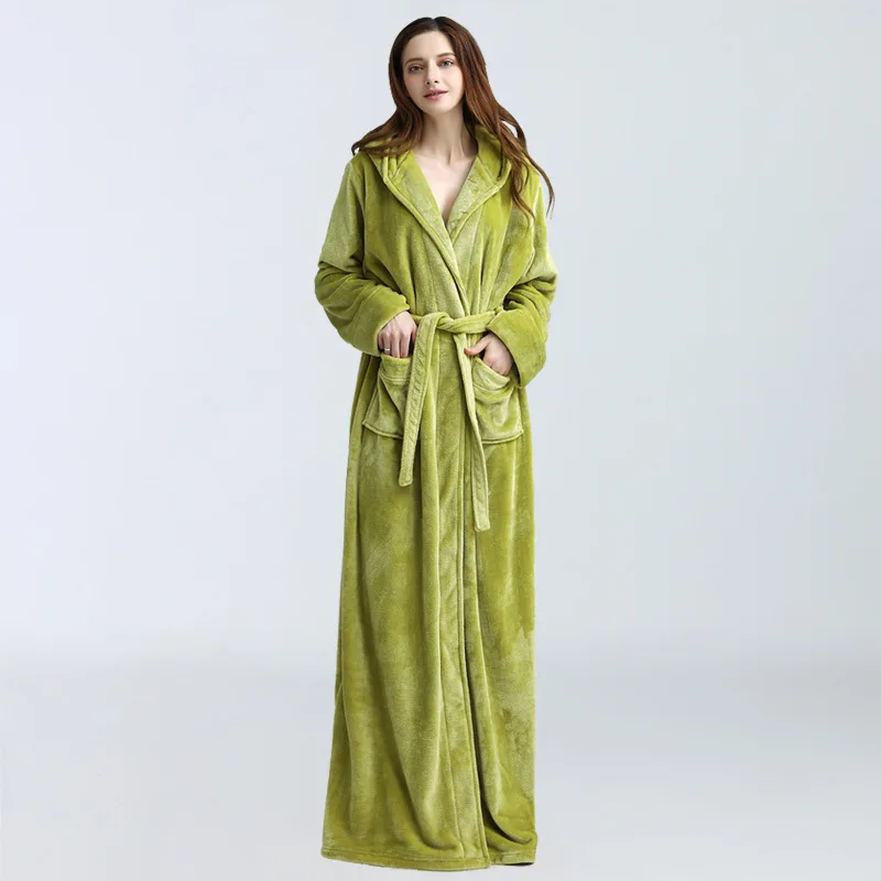 Green Фабричный бренд, женский зимний очень длинный теплый халат, халат, Женский мягкий фланелевый пеньюар, неглиже, большой размер, домашний халат с капюшоном - Цвет: Green