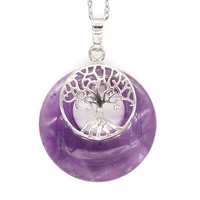 trendy beads silver plated round hollow natural purple amethysts pendant tree of life necklace for party jewelry