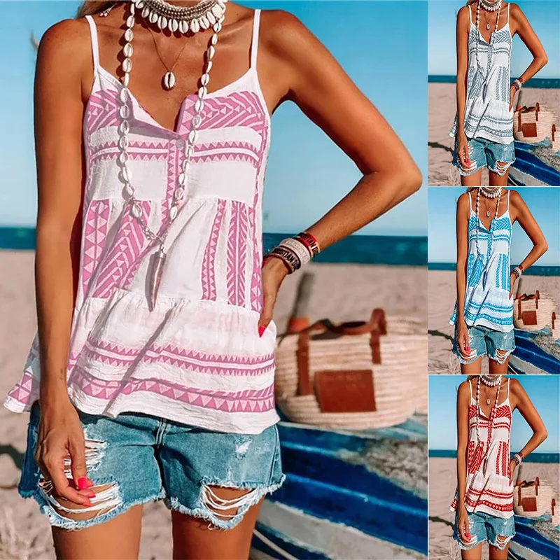 

Summer Fashion Print Chiffon Beach Striped Women's Camisole 2021 New Casual Sleeveless V Neck Loose Ladies Top T Shirt Plus Size