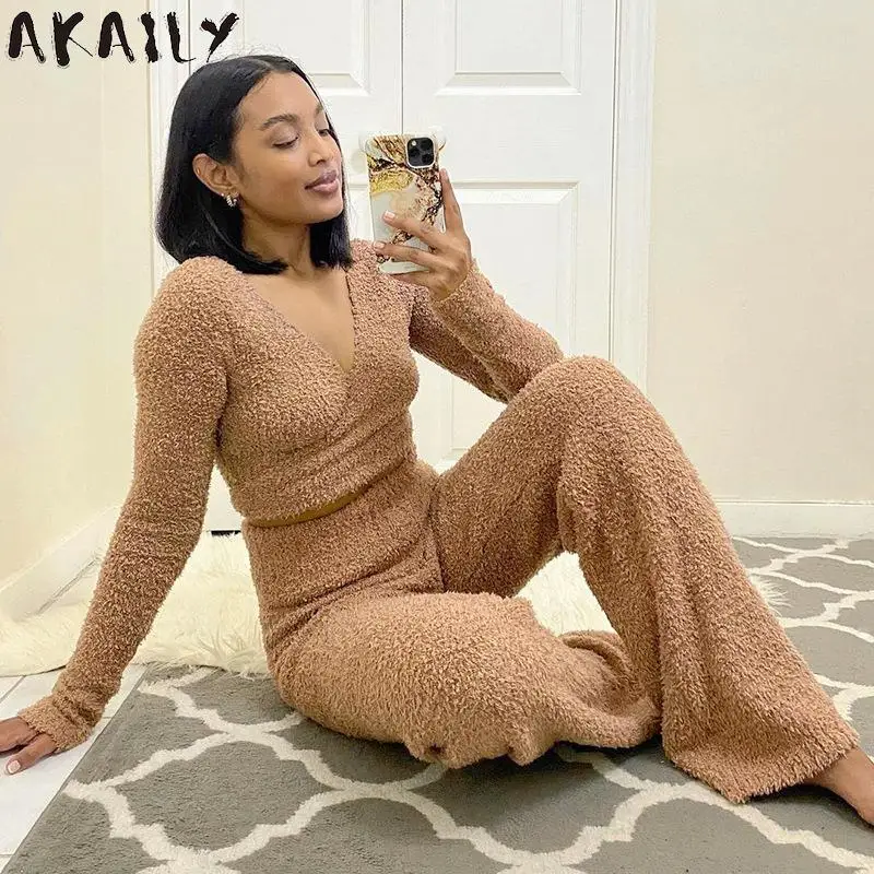 

Akaily Autumn White Fleece 2 Two Piece Sets Winter Outfit For Women 2021 V Neck Long Sleeve Crop Tops And Long Pants Sets Ladies