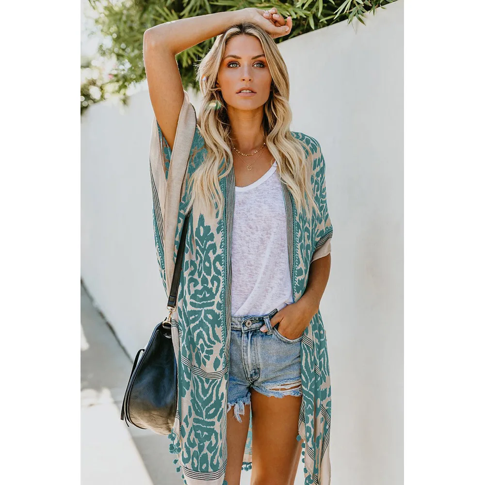 Женская летняя пляжная шаль кардиган кимоно с коротким рукавом и принтом