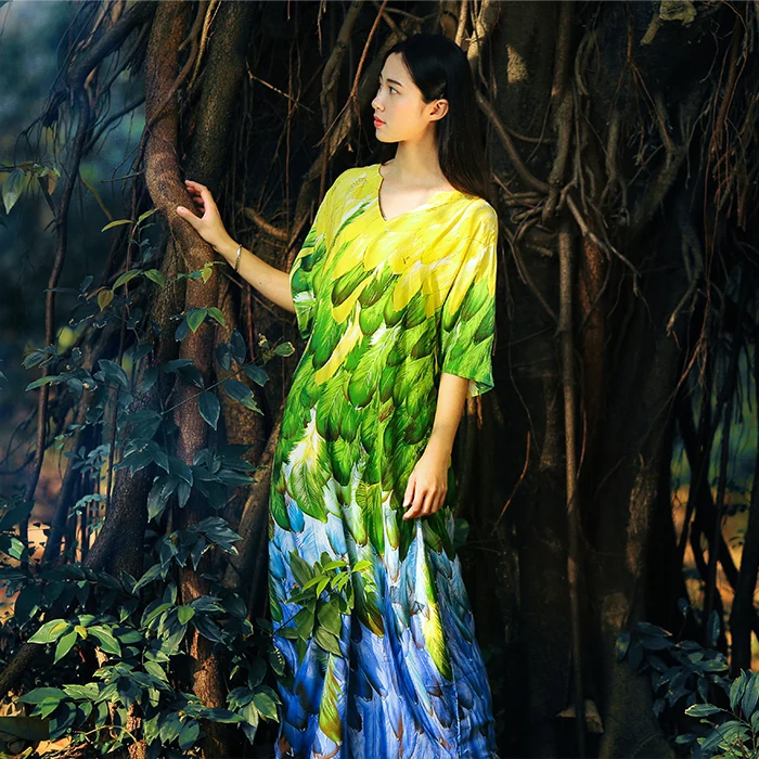 Uni green хлопковое длинное цельнокроеное платье с принтом пляжное этнический принт