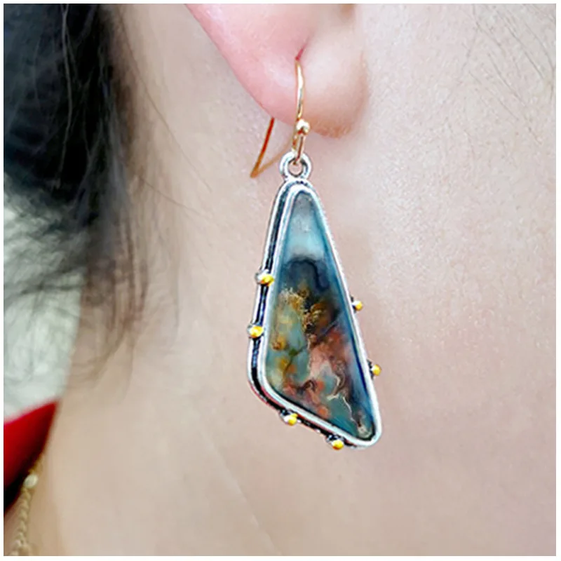 

Vintage Geometric Triangle Resin Stone Dangle Earrings Boho Ethnic Colorful Pattern Indian Earring pendientes mujer Z4D339
