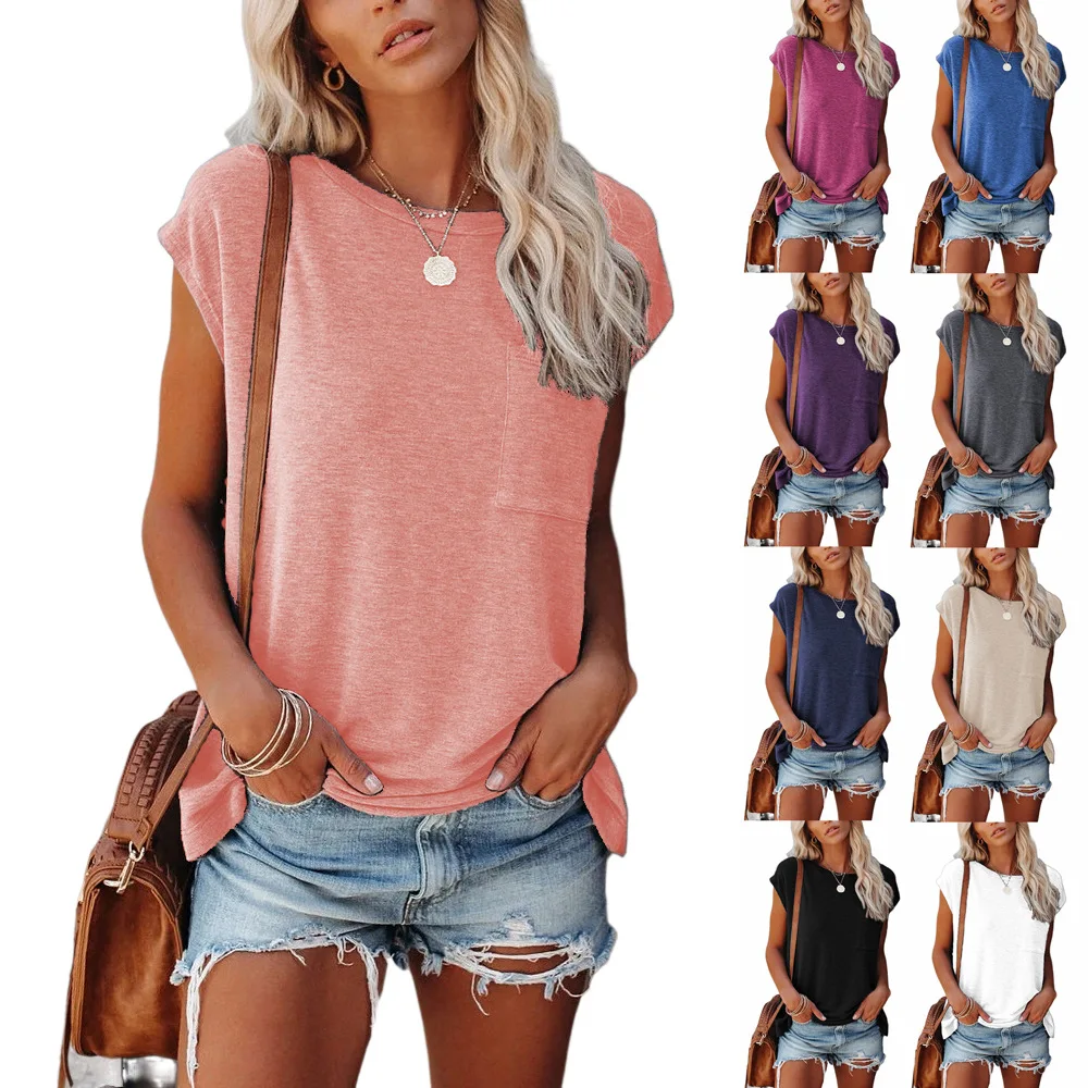 

2021 summer in Europe and America's tops pure color pocket open fork shoulder short sleeve T-shirt
