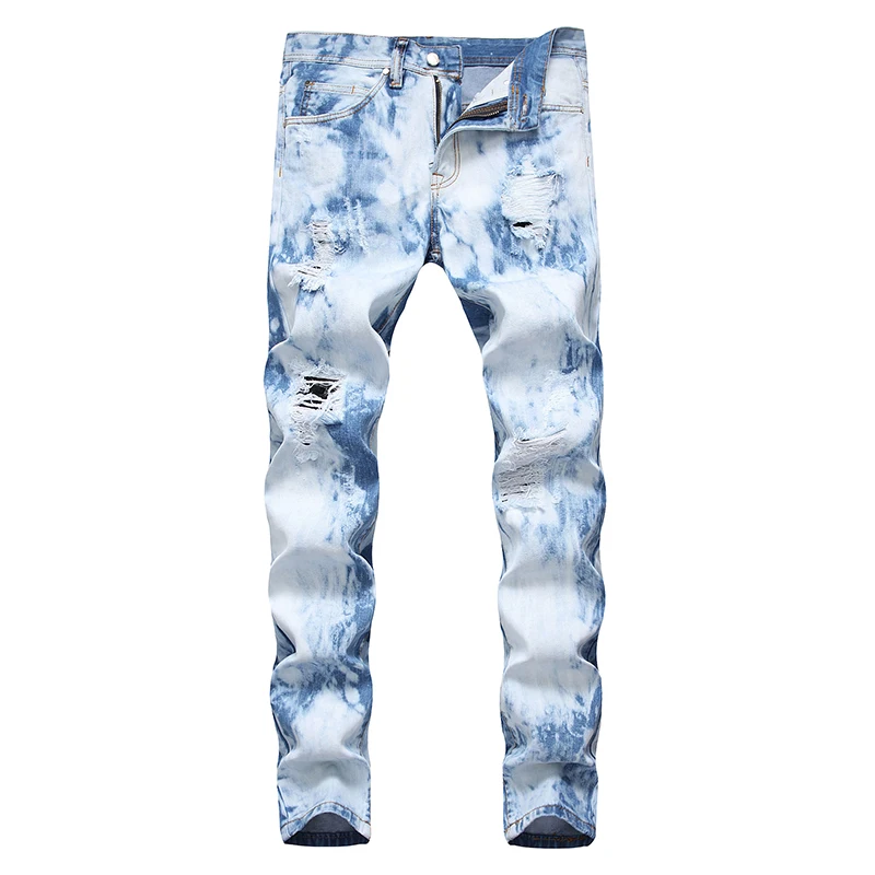 

Men's light blue tie and dyed snow washed denim jeans Streetwear holes ripped slim straight pants