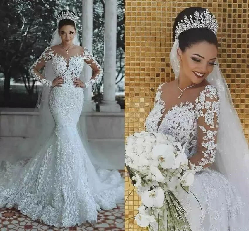 

Luxury White Mermaid Wedding Dress 2020 Illusion Long Sleeve Lace Applique Beading Arabic Long Bridal Gowns vestidos de novia