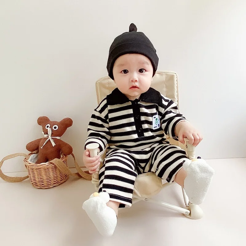 

Baby Romper Children's Black White Stripes Soft Loose Cotton Jumpsuit Autumn Newborn Neutral Lapel Long Sleeve Vetement Bebe