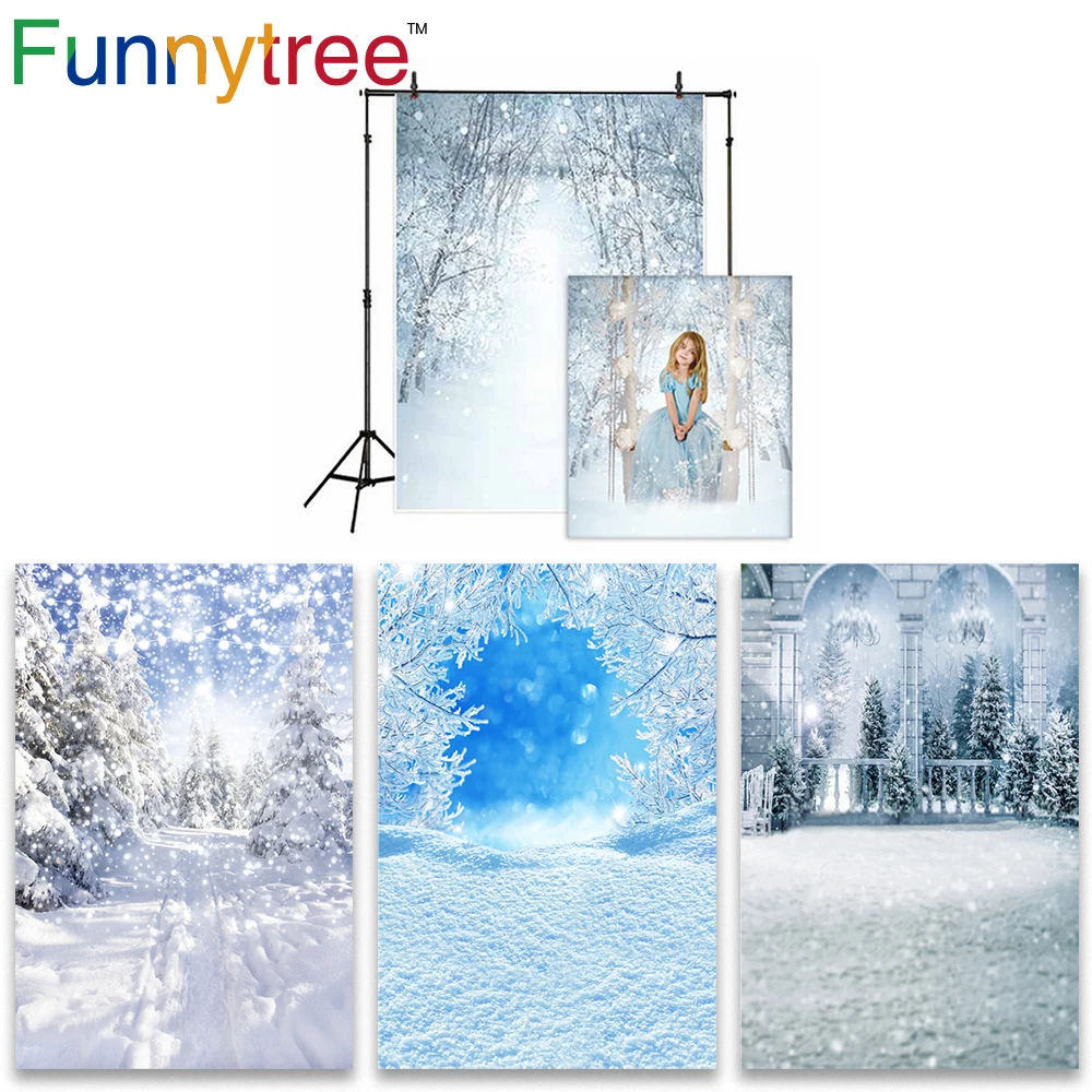 

Funnytree Photo Studio Winter Snow Wonderland Photography Landscape New Year Christmas Tree Decor Backdrop Background Photophone