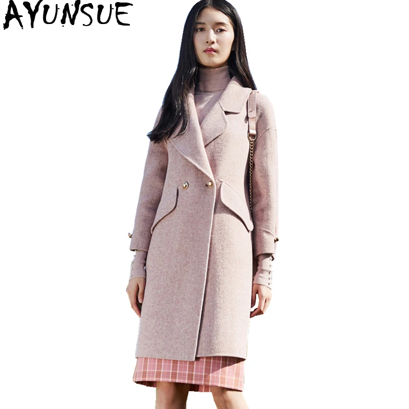 

AYUNSUE 2020 Wool Coat Women Fashion Alpaca Woolen Coats Long Autumn Winter Jacket Turn Down Collar Overcoat abrigo mujer R6858A