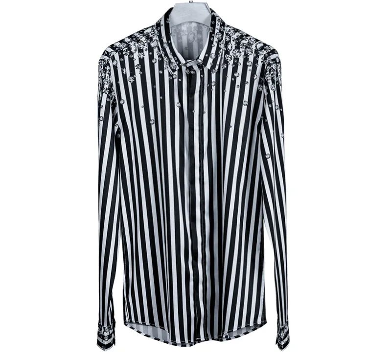 Роскошная мужская рубашка в полоску со стразами 2020 брендовая приталенная