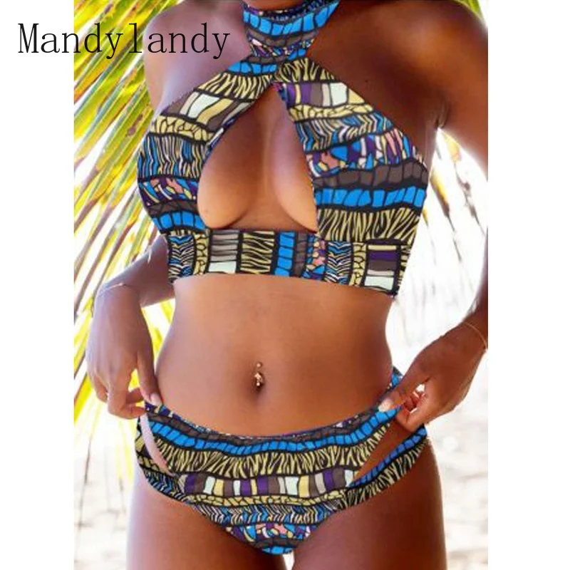 

Mandylandy женский сексуальный полосатый лоскутный комплект бикини с разрезом женский купальник пляжная одежда короткий топ с лямкой через шею ...