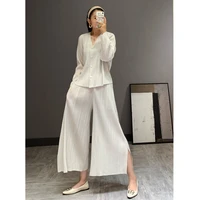 pant suits for women plus size 2021 spring stretch loose miyake pleated 2pcs set single breasted cardigan wide leg trousers