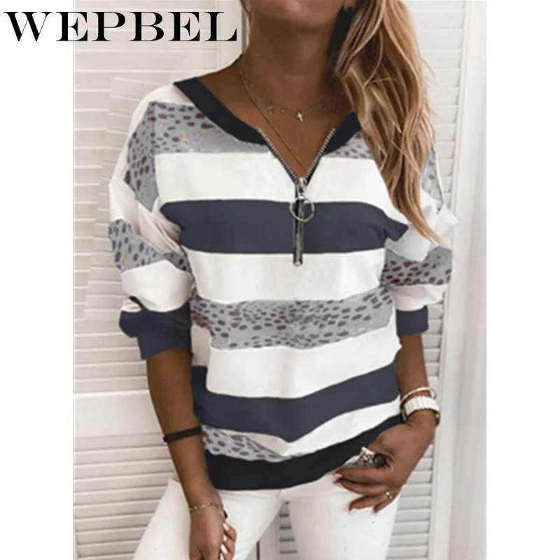 

Mandylandy Women Striped Leopard Stitching Zipper Hooded Sweatshirt Lady Loose Long Sleeve V Neck Pullover Tops Hoodie Plus Size