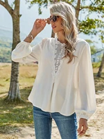 fashion women solid v neck loose chiffon blouses summer top lace long sleeve shirt casual tops blusas mujer de moda