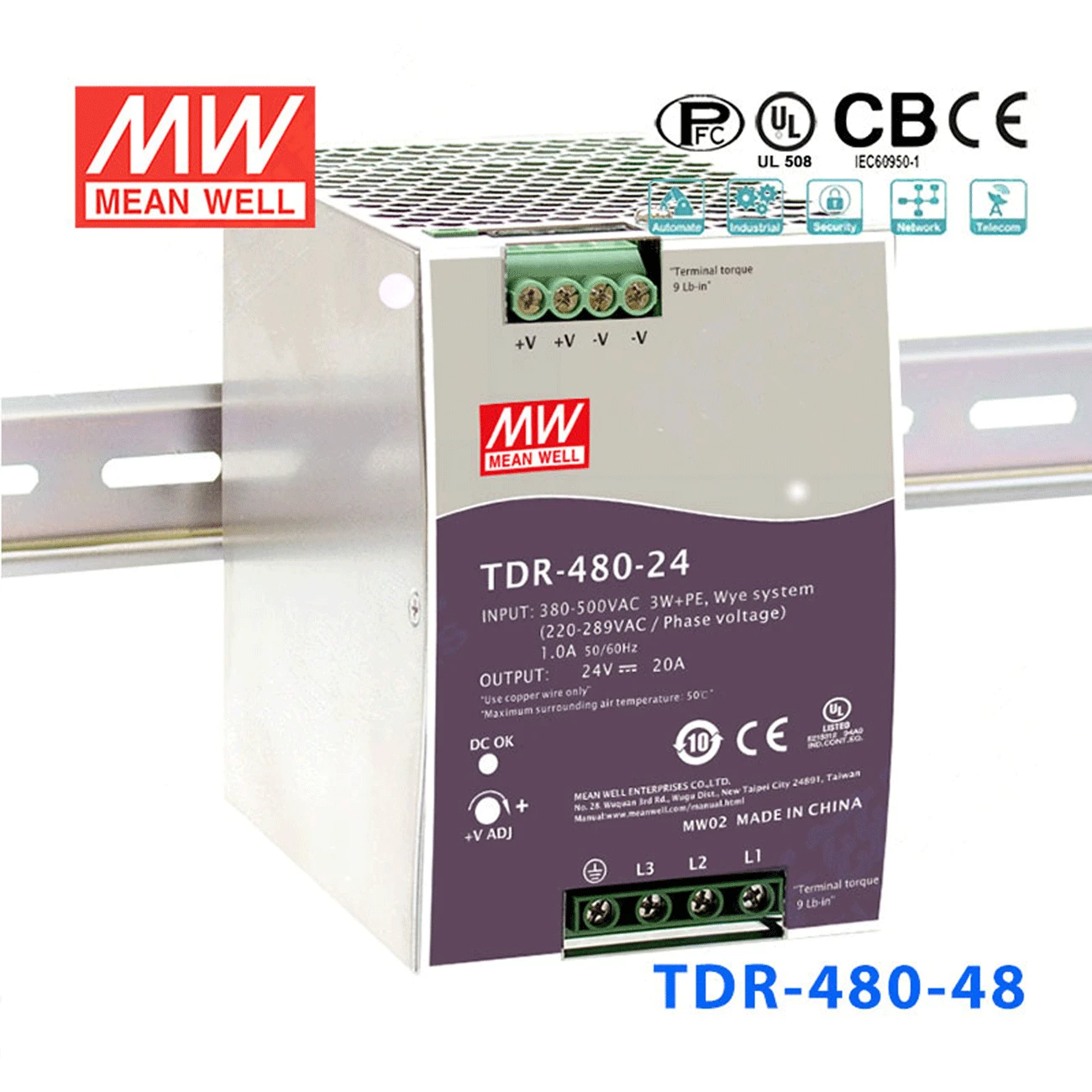 MEAN WELL TDR 480 24 Вт 24V20A три в тонкую din рейку Монтажная Средняя мощность|din rail power|din