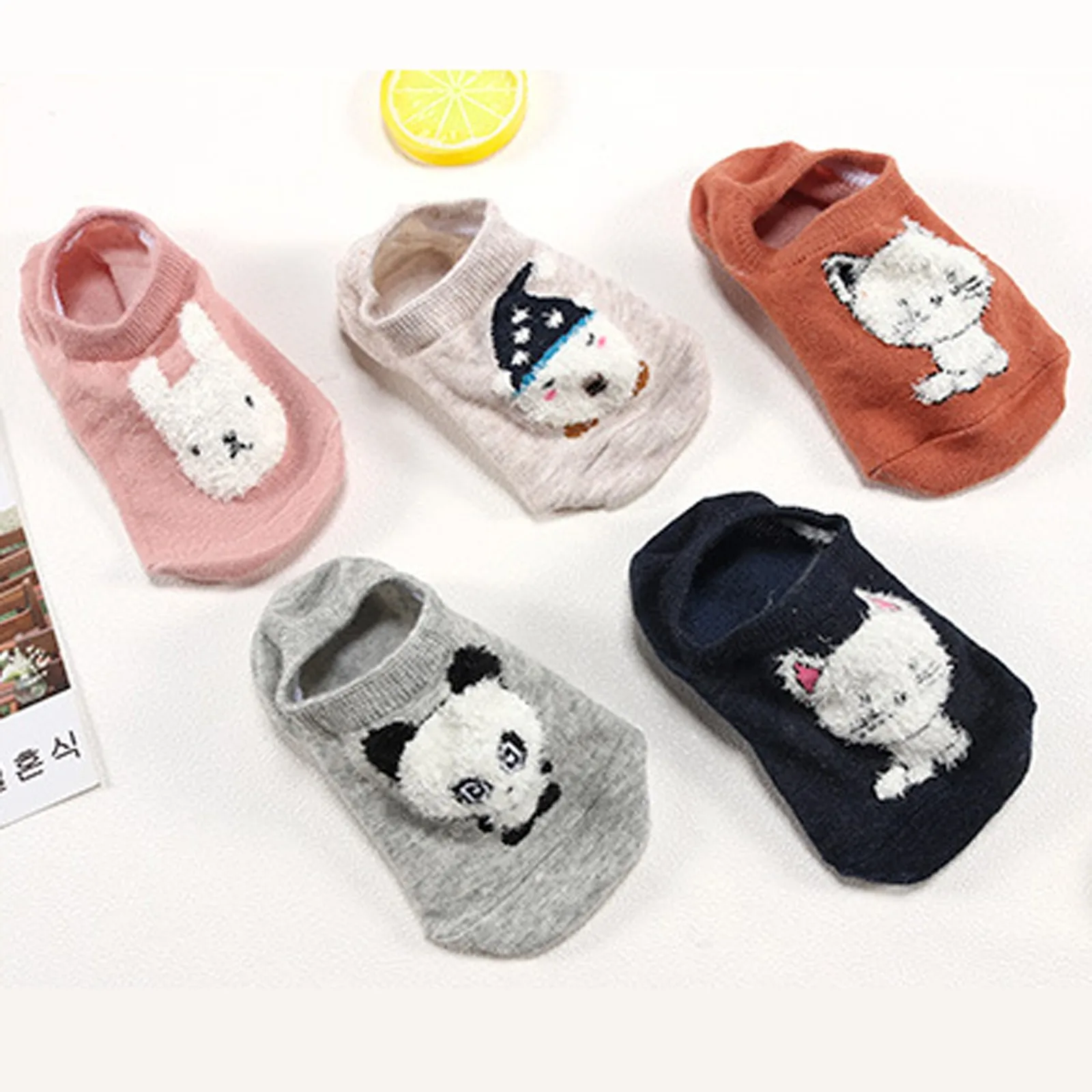 

5 Pieces Women's Socks Cotton Cute Cartoon Embroidered Funny Short Socks Style Funny Cat Dog Panda Low Cut Ankle Short Happy