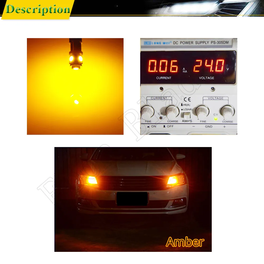 2X Car LED Bulb White Amber Yellow Auto Interior Dome Map Reading Instrument Light BA9S T4W BAX9S H6W BAY9S H21W Lamp 6V 12V 24