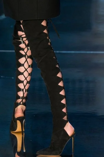 

Fashion sexy suede hollow back cross strap pointed high top boots