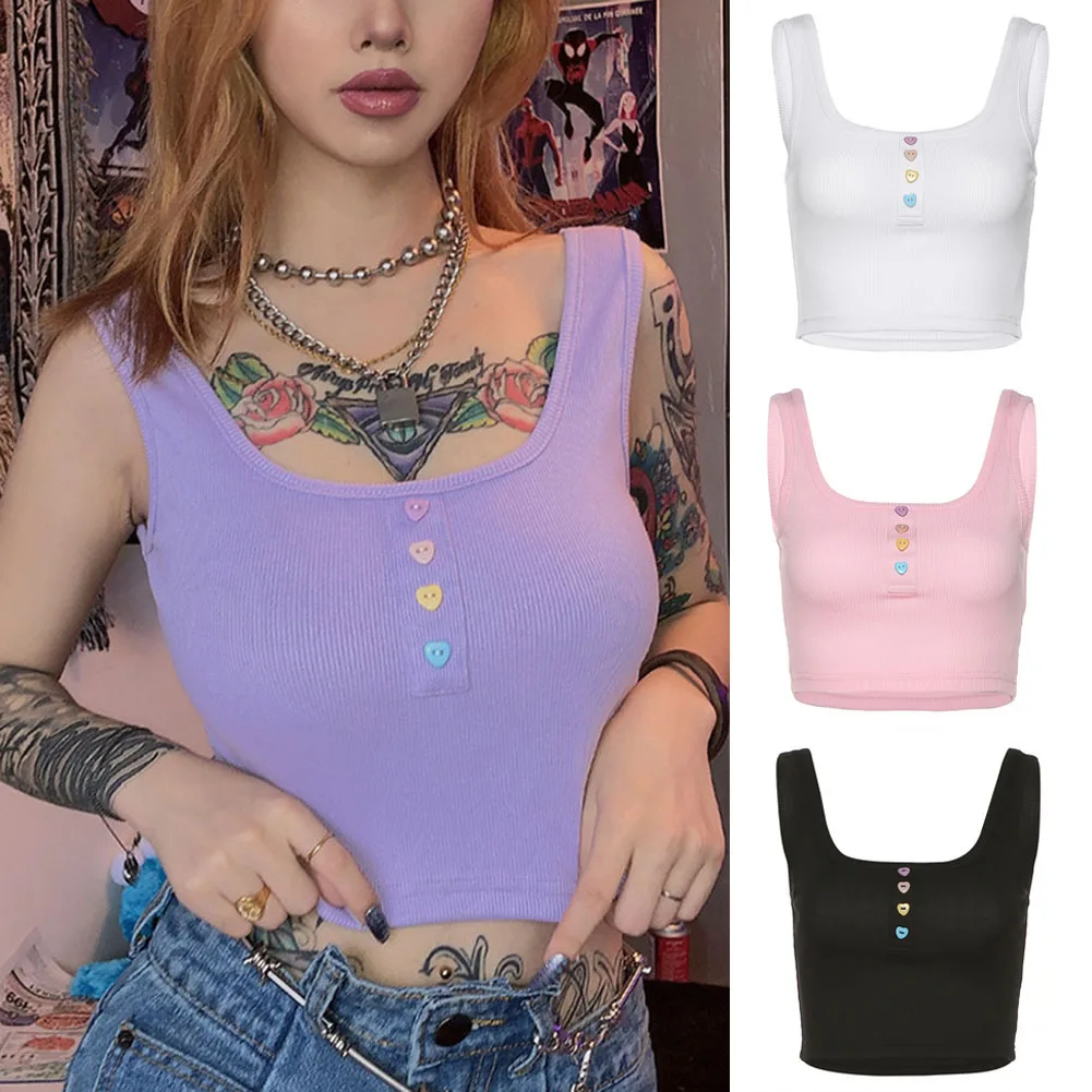 2020 New Fashion Sexy Button Tank Tops Women Vest Off Shoulder Halter Slim Camisole Crop Summer U Neck Umbilical Bottoming | Женская
