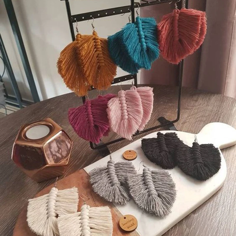 Серьги Dvacaman ручной работы цветные макраме с бахромой из хлопковой нити для