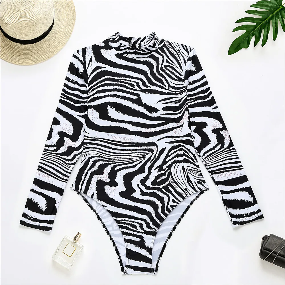 

Summer Zebra Print Zipper One Piece Swimsuit Long Sleeve Swimwear Sports Surfing Women's Swimming Bathing Suit Beach Bather